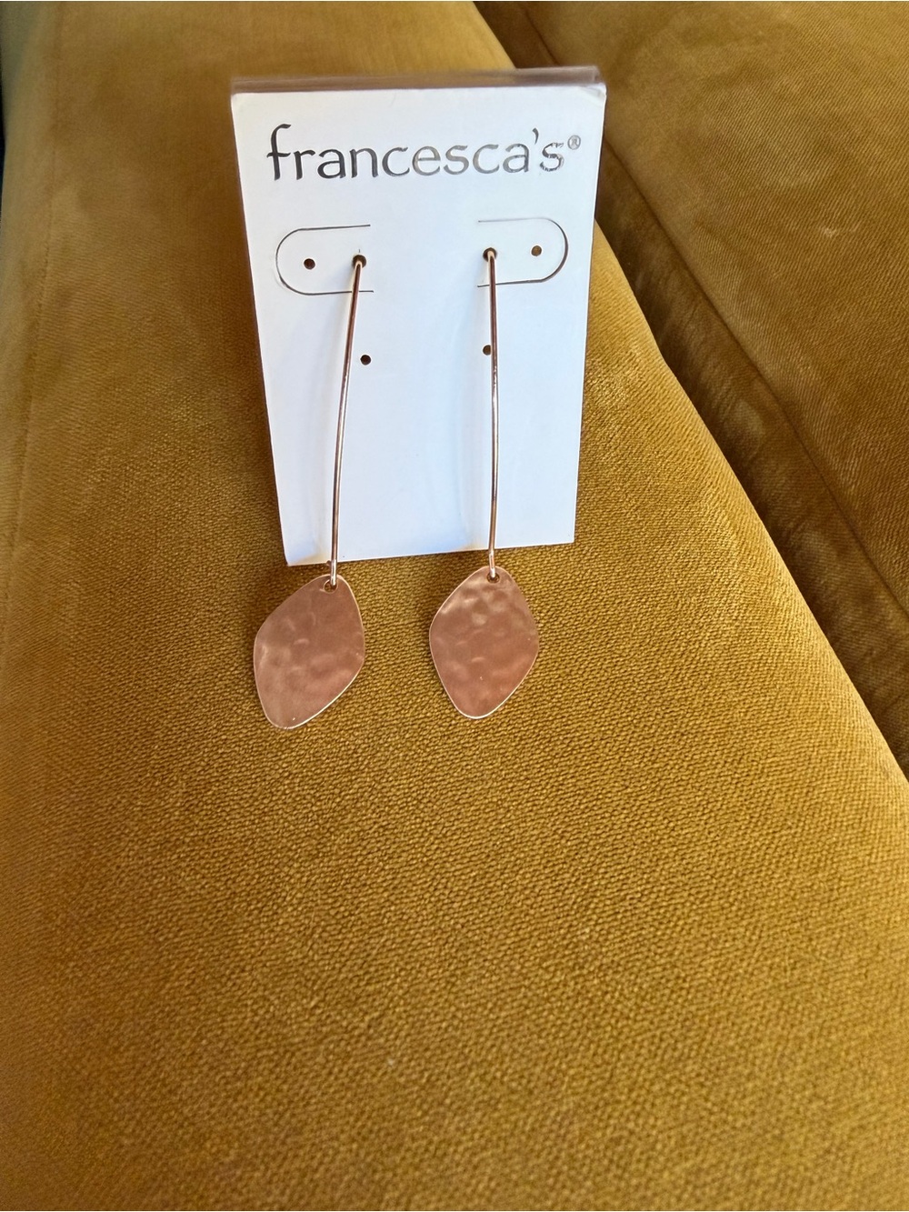 Francesca's Collections Rose Gold Hammered Leaf Drop Earrings - Long Wire